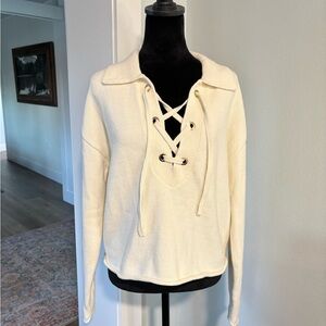 Marled sweater medium cream lace up coastal cozy